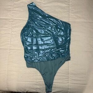 Fashion Nova One Shoulder Metallic Bodysuit - Blue